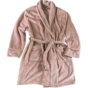 Ardour Women Plush Fleece Robe Dusty Rose Pink Shawl Collar Belted Pockets